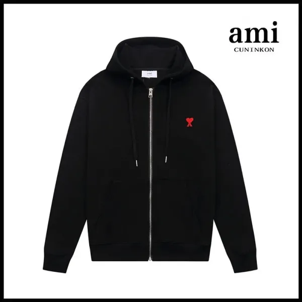 Ami Paris Heart Logo Zip-Up Hoodie Black - 1