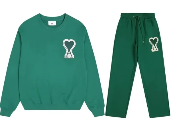 Ami Paris Heart Logo Green Sweatshirt and Sweatpants Set - 1