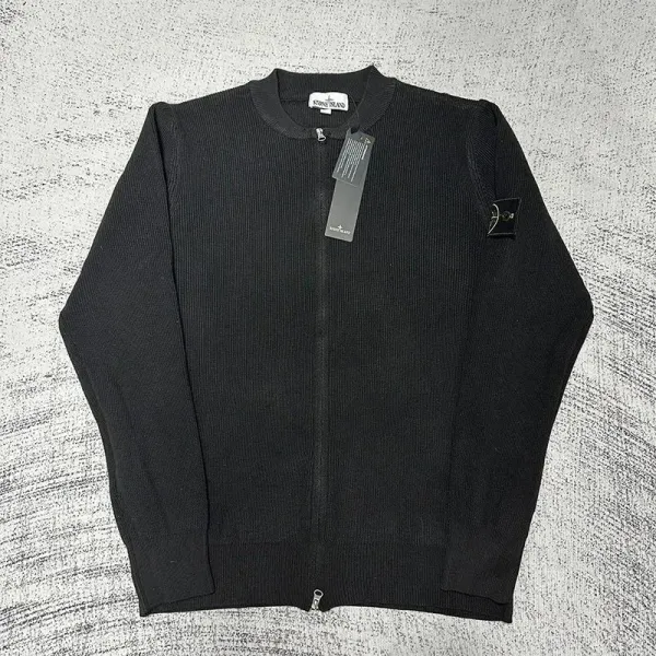 Stone Island Ribbed Zip-Up Cardigan Black - 1