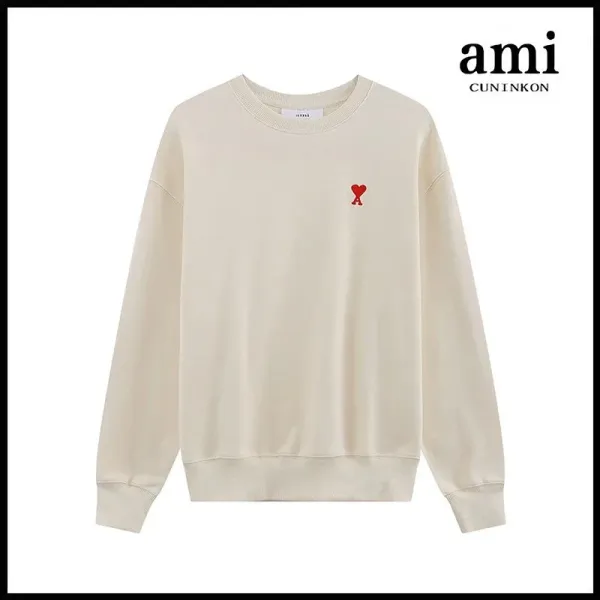 Ami Paris Heart Logo Crewneck Sweatshirt Beige - 1