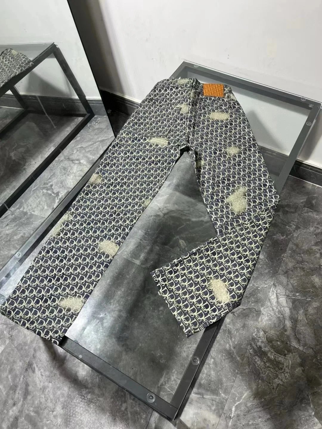 Dior Oblique Print Distressed Jeans Black - 1