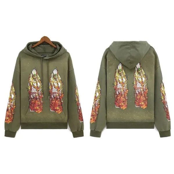 Design Flame Graphic Hoodie Army Green - 1