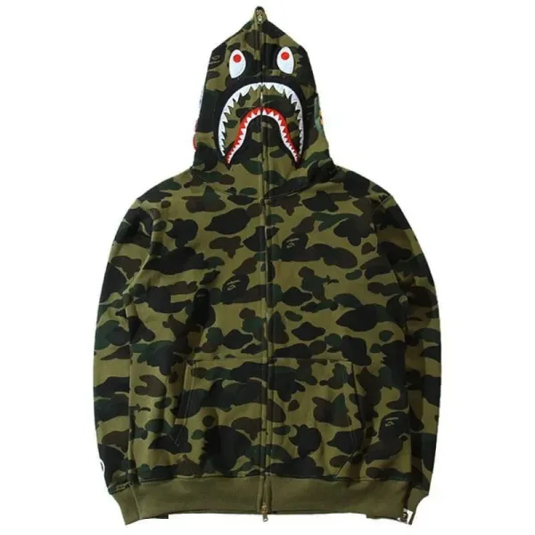 A Bathing Ape Shark Hoodie Army Green Camo Hoodie - 1
