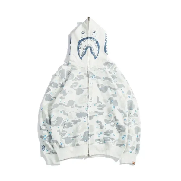 A Bathing Ape Shark Hoodie White Gray Blue Camo Print Hoodie - 1