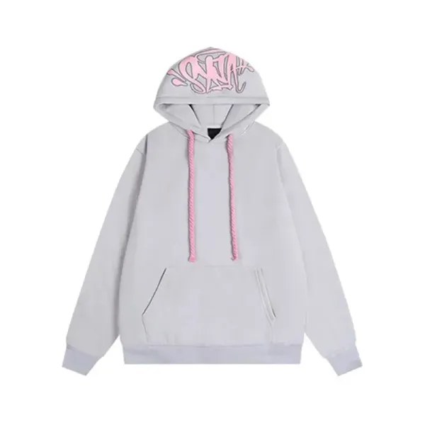 Design Graffiti Hoodie Light Gray with Pink Drawstrings - 1
