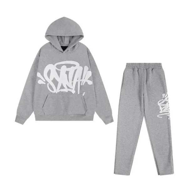 Design Graffiti-Print Hoodie and Sweatpants Set Gray Casual Set - 1