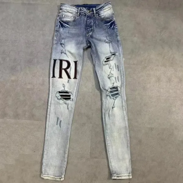 IRI Distressed Logo Print Slim Fit Light Wash Jeans - 1