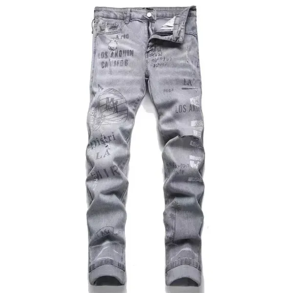 Design Distressed Graffiti Print Gray Slim Fit Jeans - 1