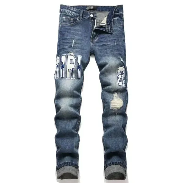 Amiri Logo-Print Distressed Slim Fit Blue Jeans - 1