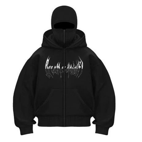 Black Zip-Up Hoodie With Graphic Print