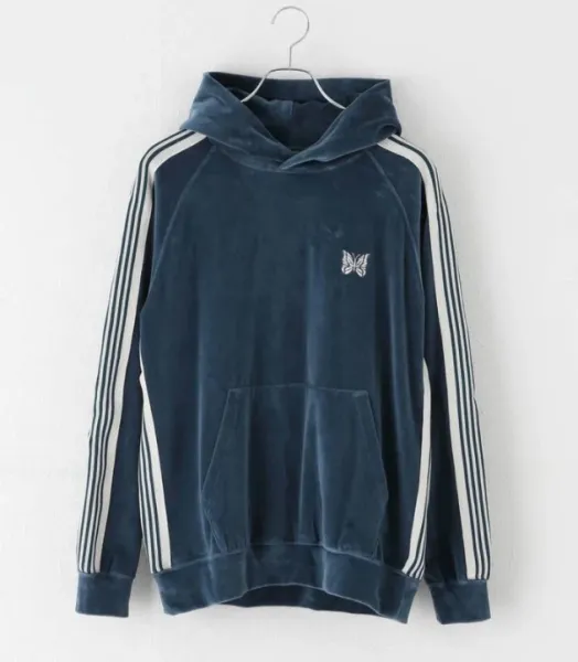 Design Velvet Hoodie with Butterfly Embroidery and Stripe Sleeves Navy - 1