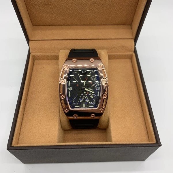 Design Tonneau-Shape Skeleton Watch Green Rubber Strap Mechanical Watch Watches - 5