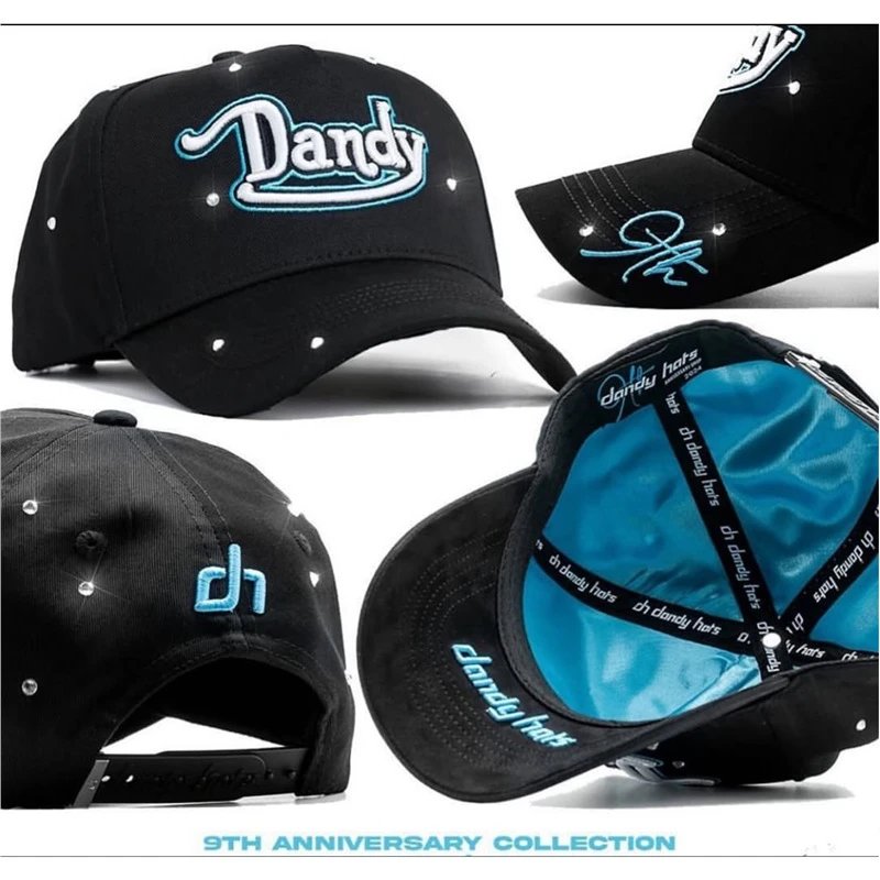 Design Dandy Hats 9th Anniversary Collection Black Baseball Cap with Turquoise Embroidery and Rhinestones Hats