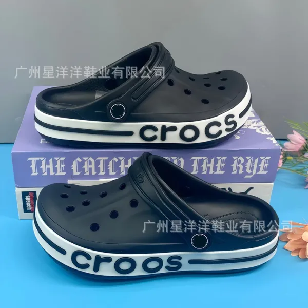 Crocs Classic Clog Black with White Stripe and Logo Detail Sandals - 1