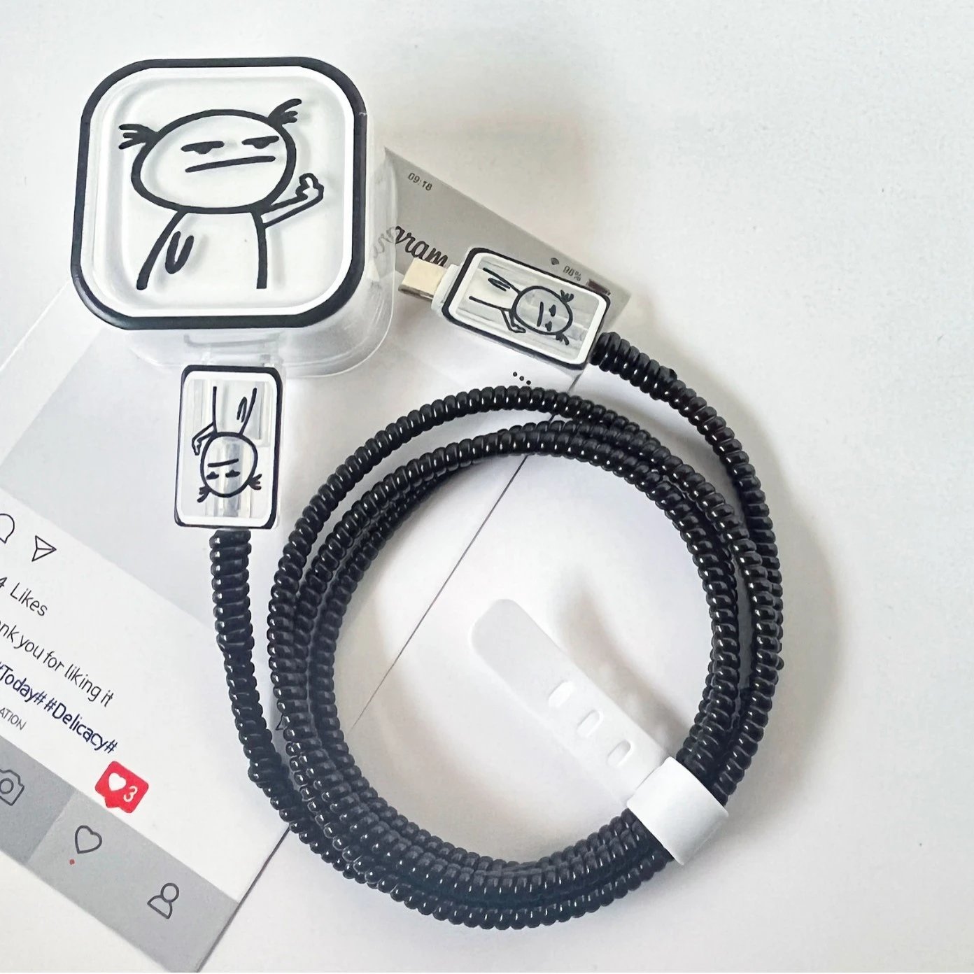 Design Coiled Cable with Cartoon Character Decorative Connectors Black Phone Accessory