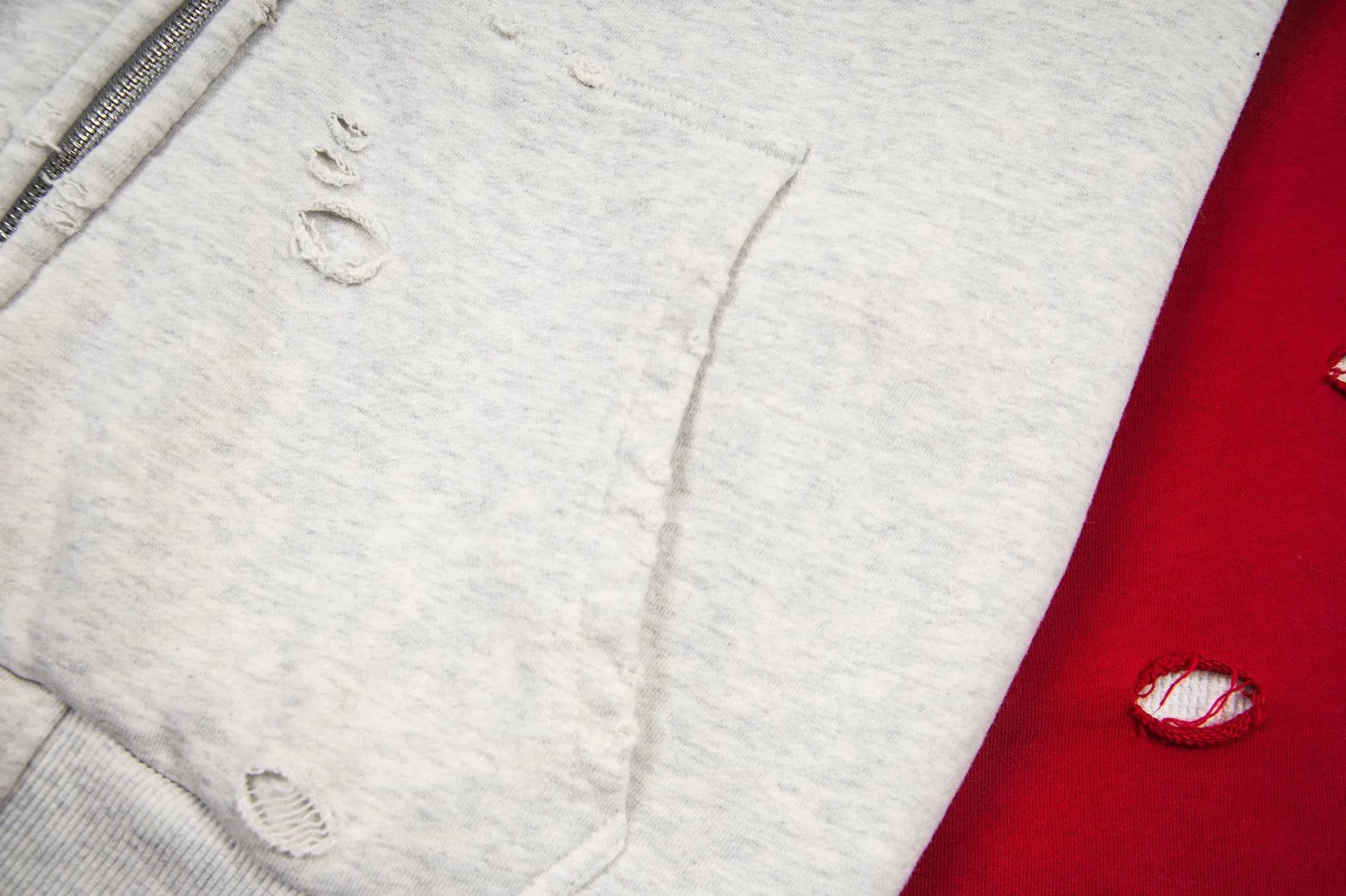 Design Buttivore Distressed Hooded Jacket Gray Red Outerwear - 14