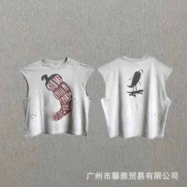Design Chili Pepper Graphic Distressed Crop Sleeveless T-Shirt Tops.t Shirts - 1