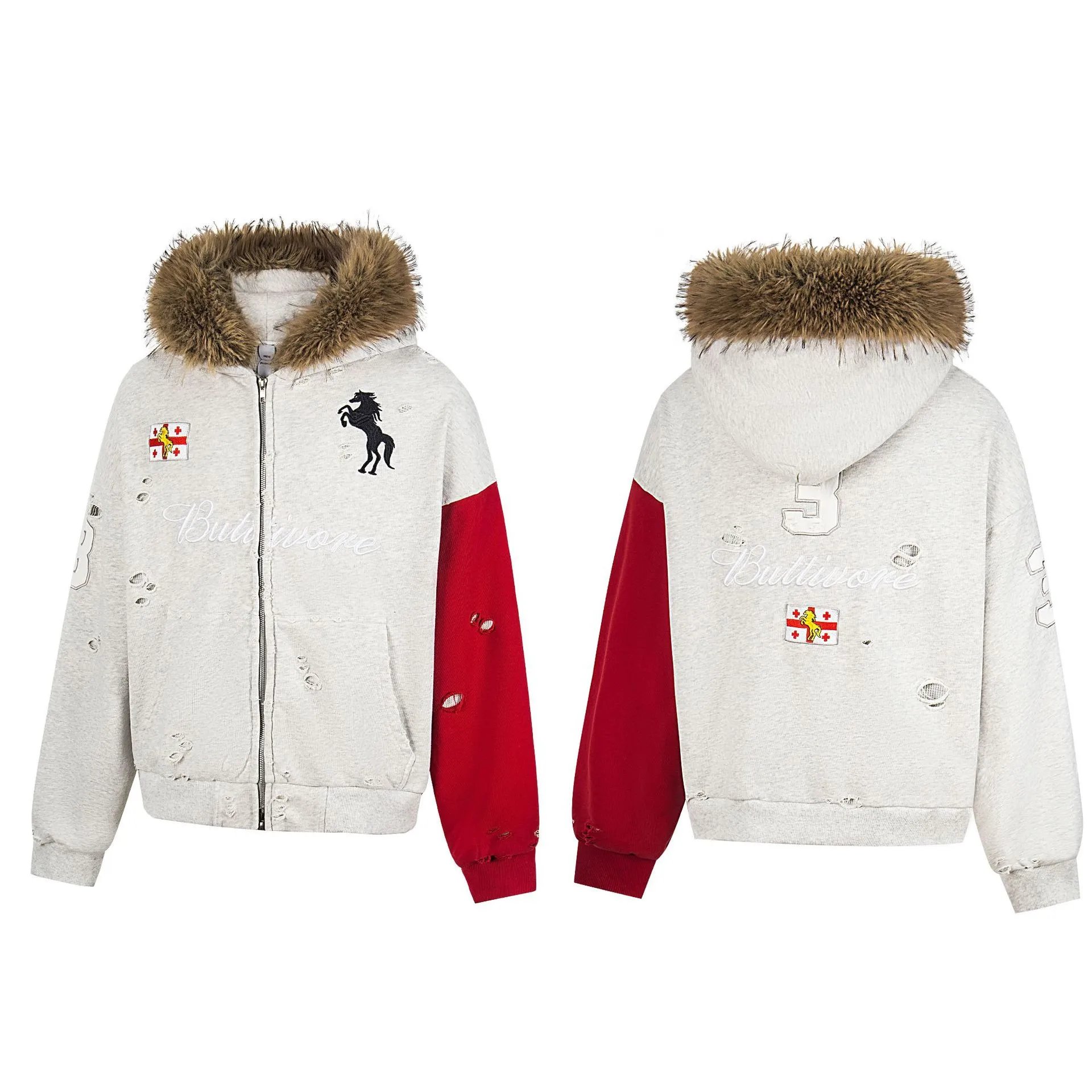 Design Buttivore Distressed Hooded Jacket Gray Red Outerwear - 3