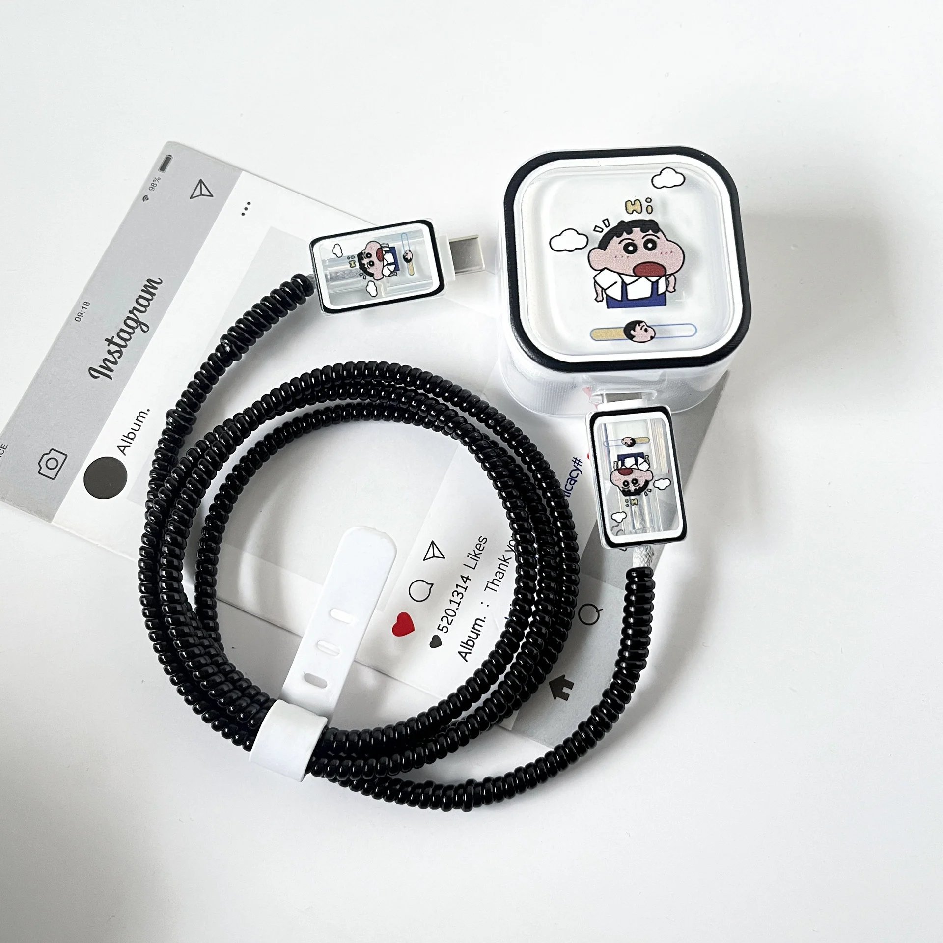 Design Crayon Shin-chan x Custom Coiled Cable Charger Set Black Phone Accessories