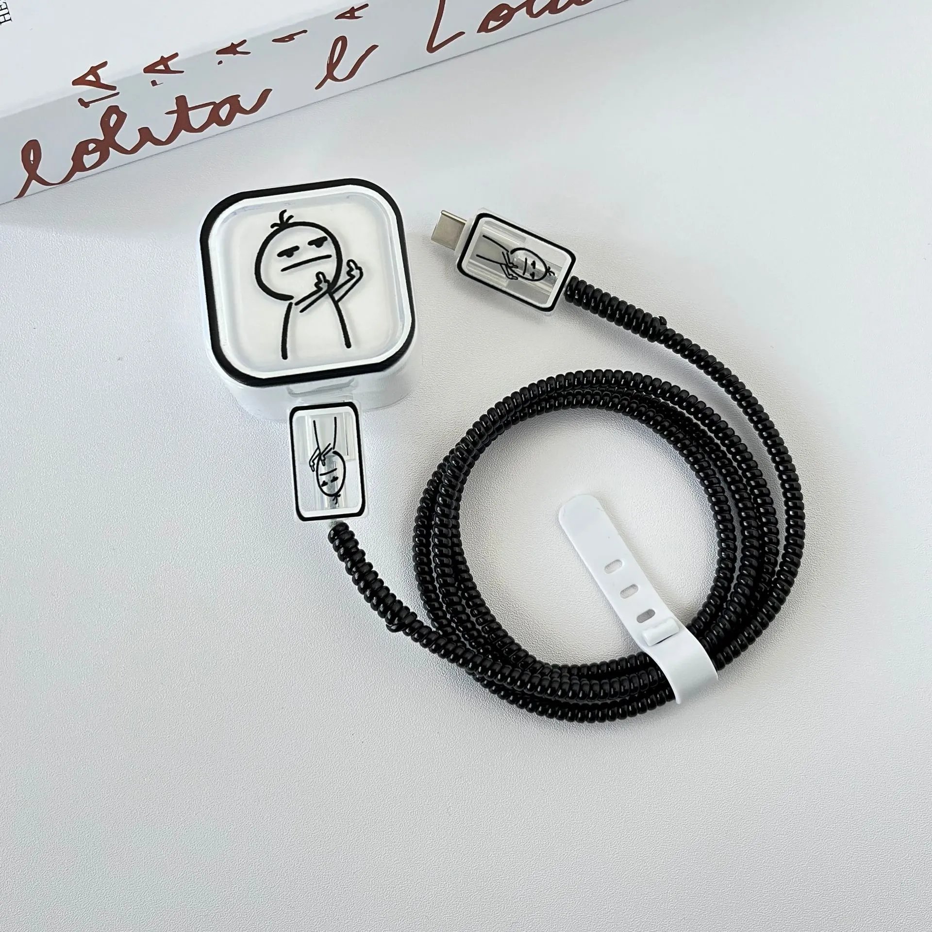 Design Coiled Cable with Stick Figure Art Black Phone Accessory