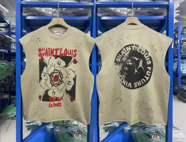 Design Saint Louis 'Take Me I'm Yours' Distressed Sleeveless Tee Beige Vest Top - 21