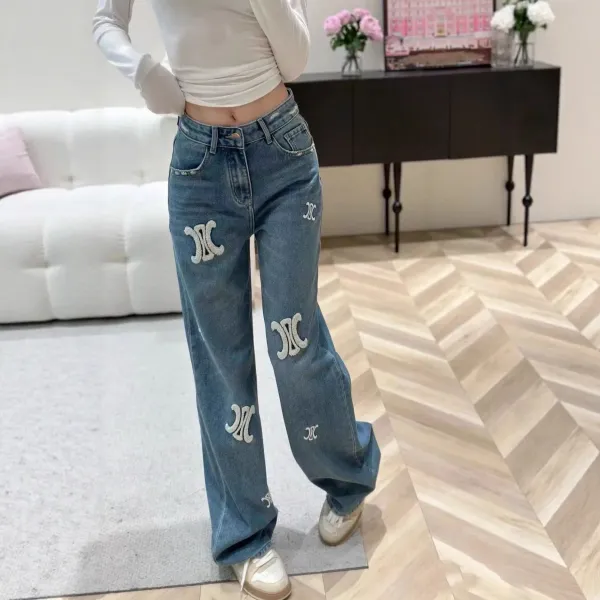 Design Embroidered Logo Wide-Leg Jeans Blue - 1