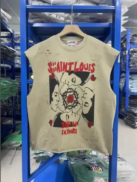 Design Saint Louis 'Take Me I'm Yours' Distressed Sleeveless Tee Beige Vest Top - 1