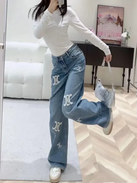 Design Embroidered Logo Wide-Leg Jeans Blue - 5