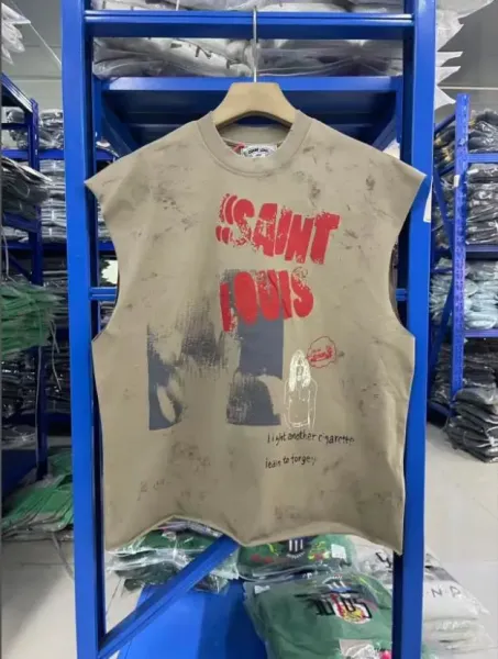 Design Saint Louis 'Take Me I'm Yours' Distressed Sleeveless Tee Beige Vest Top - 12