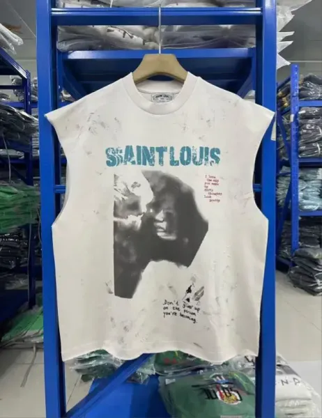 Design Saint Louis 'Take Me I'm Yours' Distressed Sleeveless Tee Beige Vest Top - 17