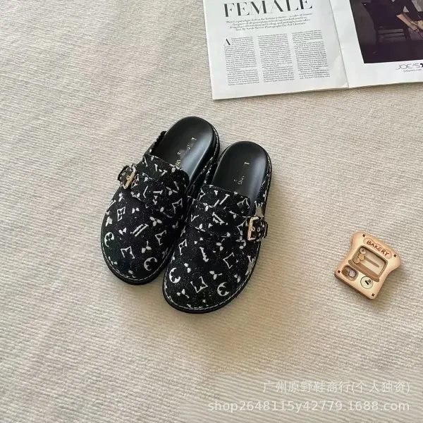 Design Monogram Print Buckle Mule Slippers Black Multicolor - 1