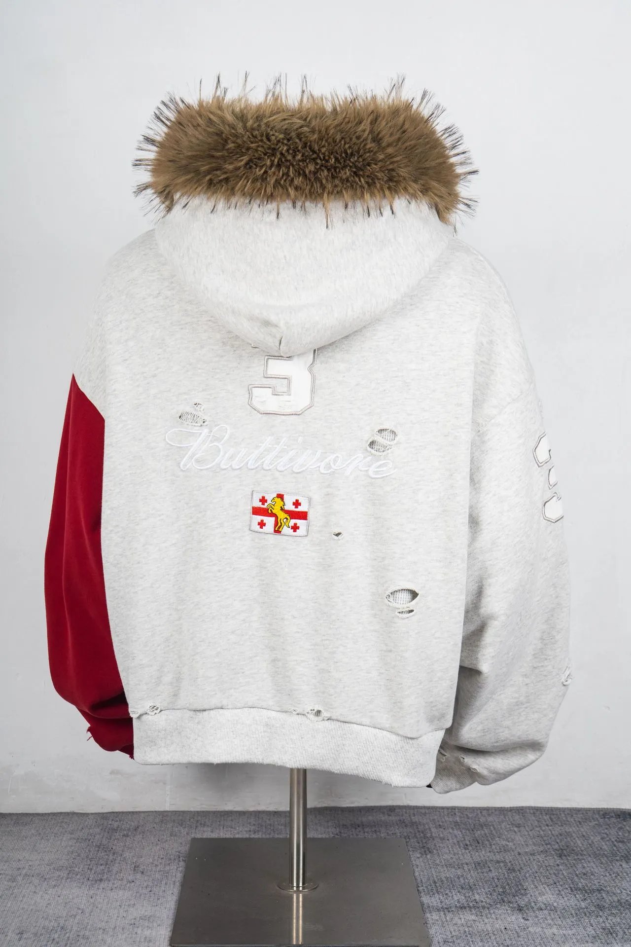 Design Buttivore Distressed Hooded Jacket Gray Red Outerwear - 5