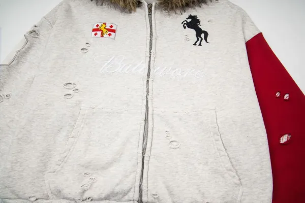 Design Buttivore Distressed Hooded Jacket Gray Red Outerwear - 9