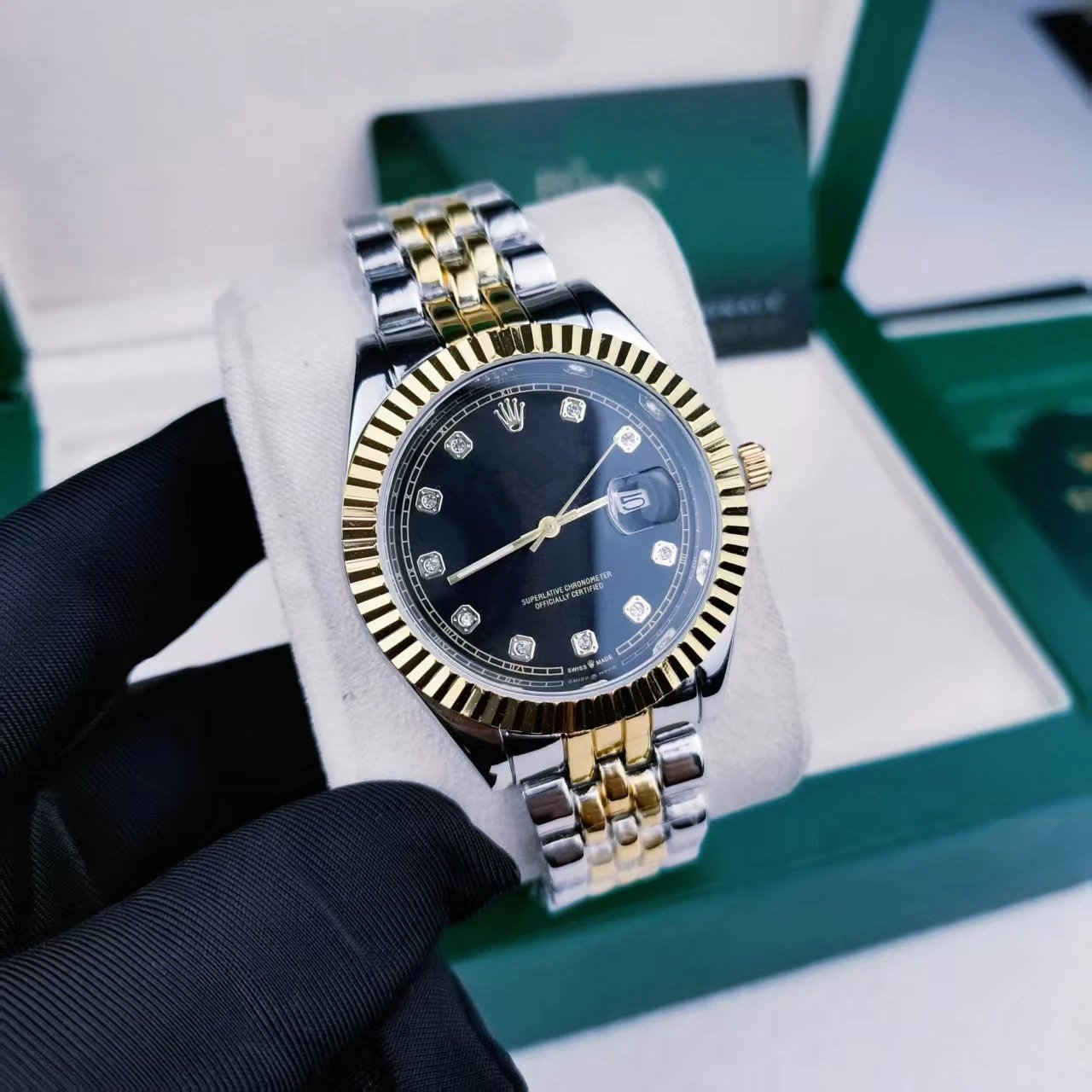 Rolex Datejust Black Dial Diamond Hour Markers Two-Tone Steel and Gold Mechanical Watch Watches
