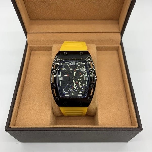 Design Tonneau-Shape Skeleton Watch Green Rubber Strap Mechanical Watch Watches - 7