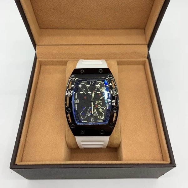 Design Tonneau-Shape Skeleton Watch Green Rubber Strap Mechanical Watch Watches - 12