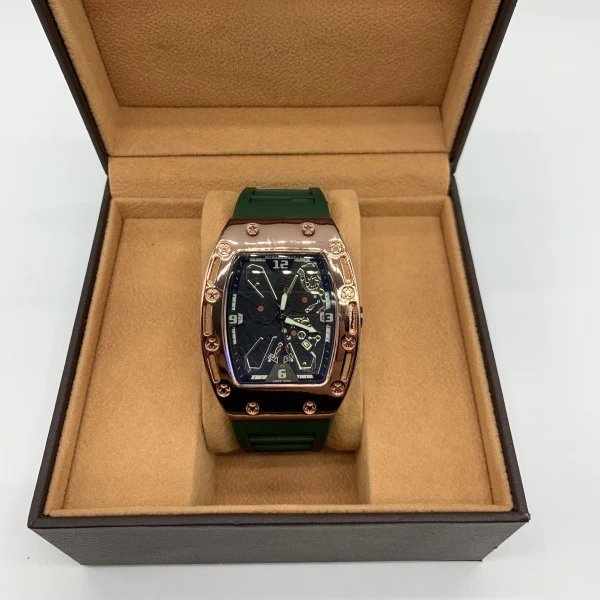 Design Tonneau-Shape Skeleton Watch Green Rubber Strap Mechanical Watch Watches - 6