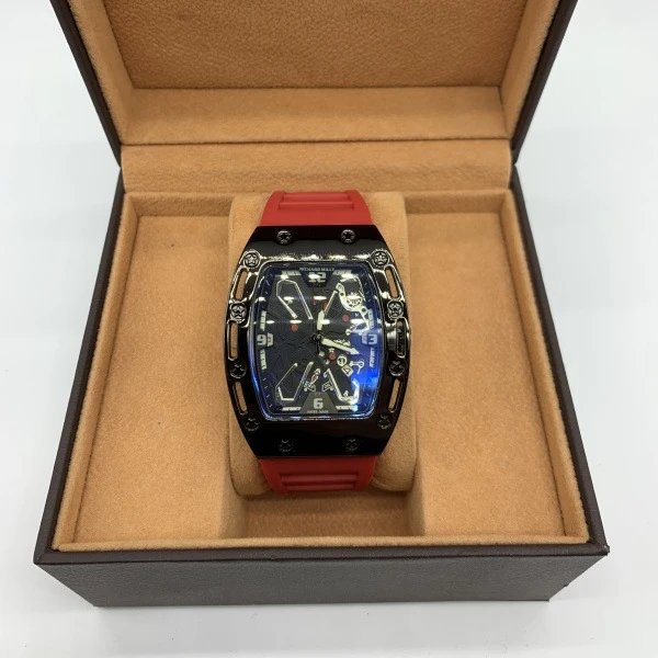 Design Tonneau-Shape Skeleton Watch Green Rubber Strap Mechanical Watch Watches - 9