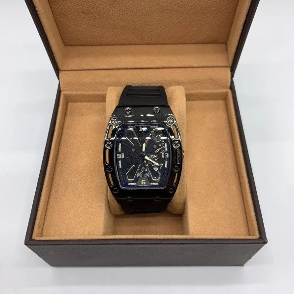Design Tonneau-Shape Skeleton Watch Green Rubber Strap Mechanical Watch Watches - 8
