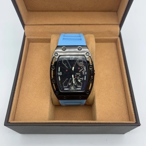 Design Tonneau-Shape Skeleton Watch Green Rubber Strap Mechanical Watch Watches - 4