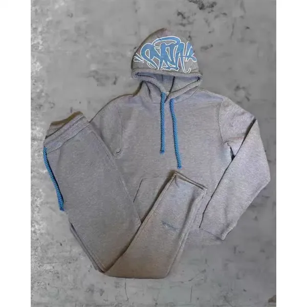 Design Graffiti Hoodie and Sweatpants Set Gray with Blue Accents - 1