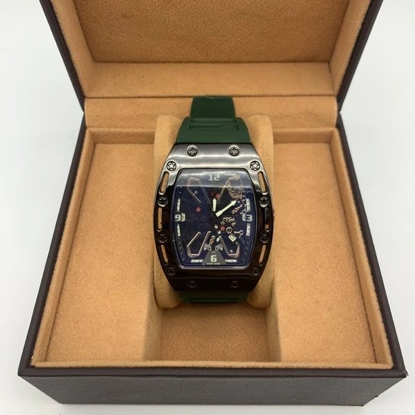 Design Tonneau-Shape Skeleton Watch Green Rubber Strap Mechanical Watch Watches - 3