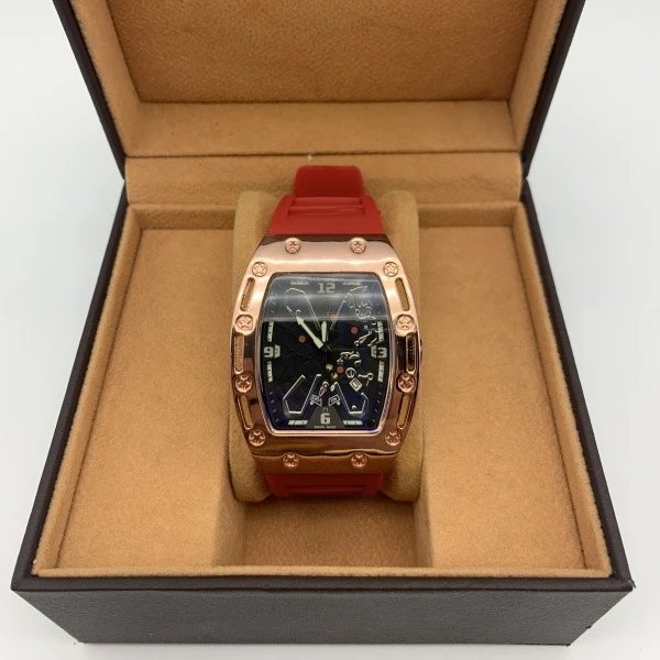 Design Tonneau-Shape Skeleton Watch Green Rubber Strap Mechanical Watch Watches - 13
