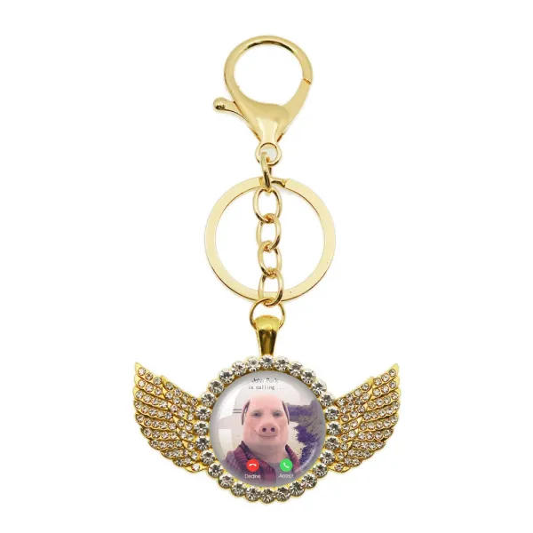 Design Custom Angel Wing Photo Keychain Gold Crystal Accessory Jewelry - 1