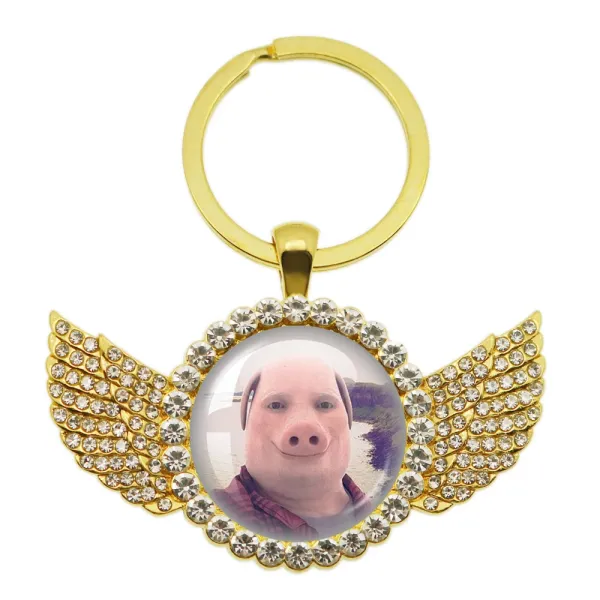 Design Custom Angel Wing Photo Keychain Gold Rhinestone Keychain Jewelry - 1