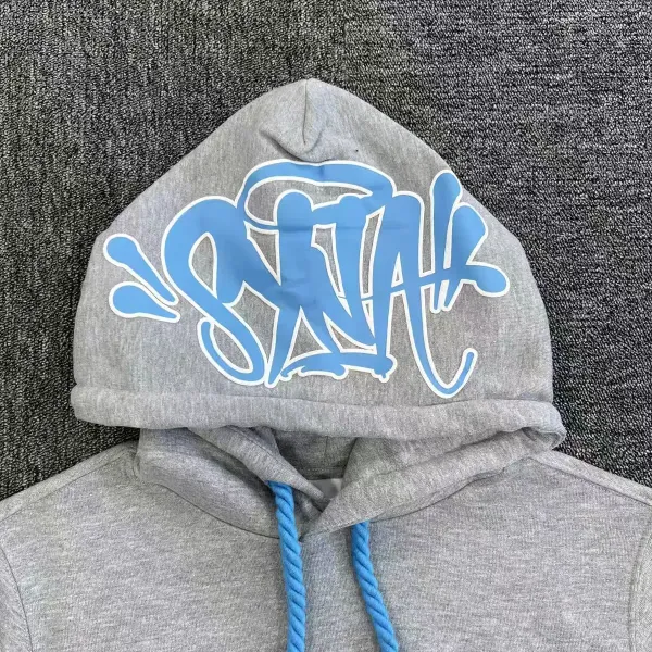 Design Graffiti Logo Hoodie Gray with Blue Drawstrings - 1