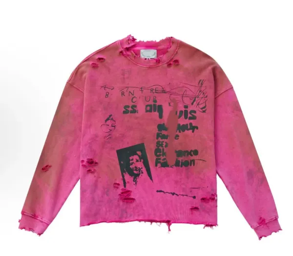 Design Distressed Graphic Print Pink Oversized Sweatshirt Sweater - 1