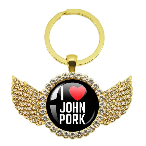 Design I Love John Pork Keychain Gold with Crystal Wings Jewelry - 1