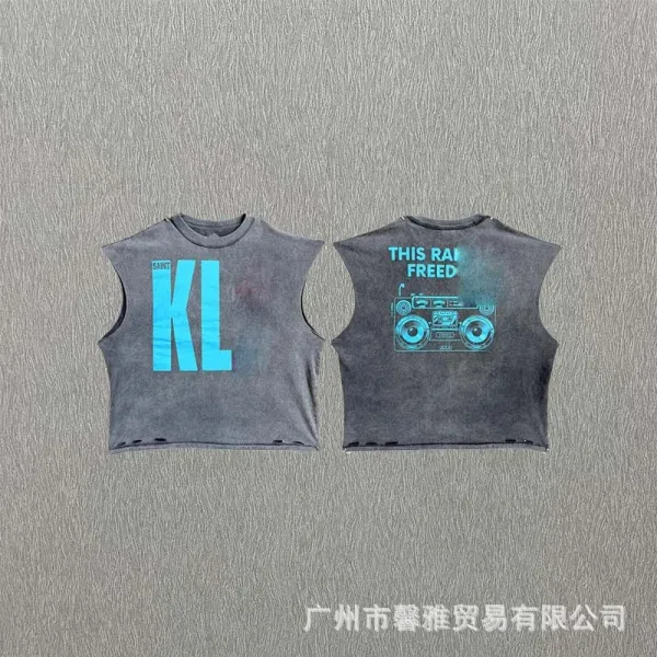 Design Sleeveless Cropped Top with Cyan Graphic Print Gray Vest Top - 1