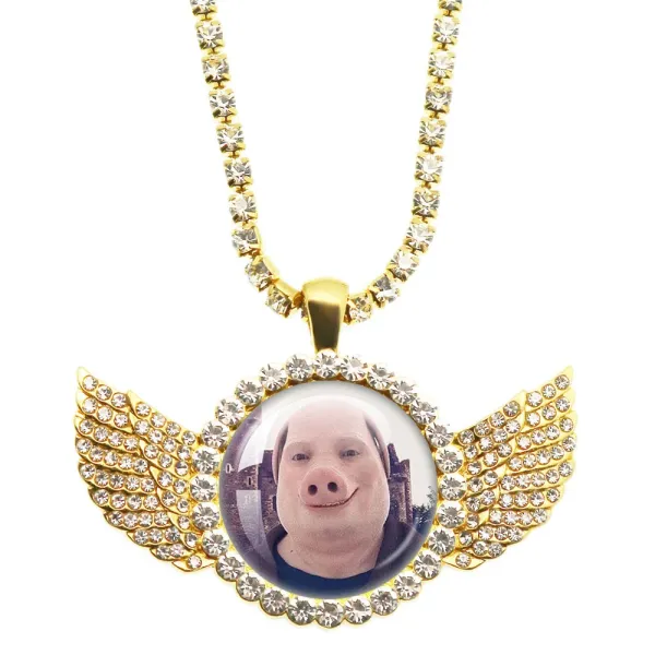 Design Custom Photo Wing Pendant Necklace Gold with Crystal Accents Jewelry - 1